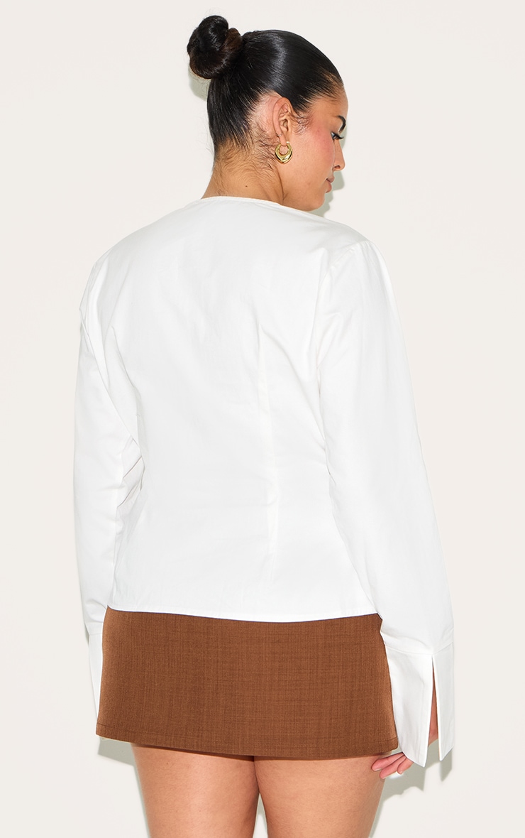 Plus White Cotton Pleat Detail Long Sleeve Shirt image 2