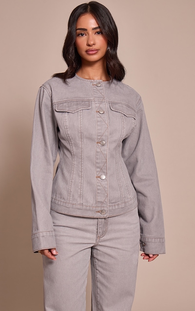 Petite Washed Grey Neck Detail Button Up Denim Shirt