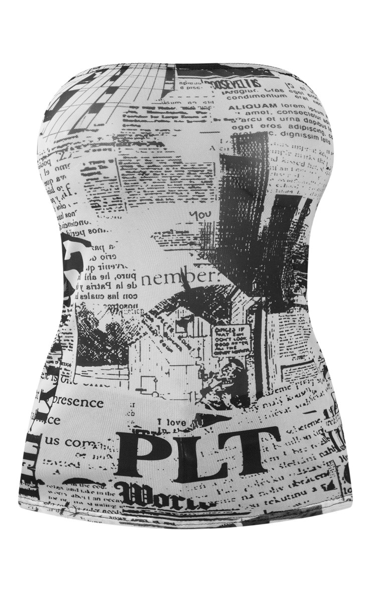 Black Newspaper Print Mesh Bandeau Top image 5