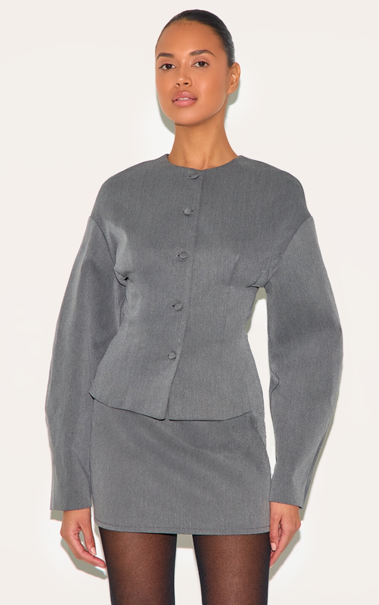Blazer de tailleur tissé gris anthracite à épaules carrées et manches ballon image 2