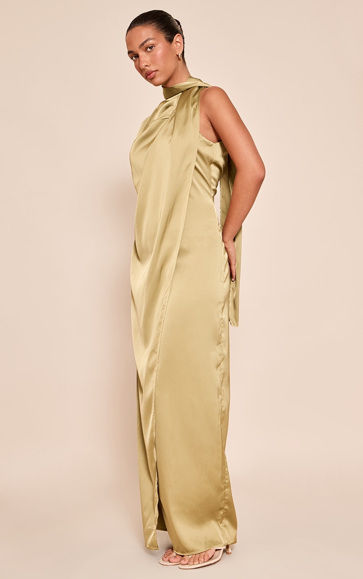 Olive Satin Scarf Detail Maxi Dress image 3