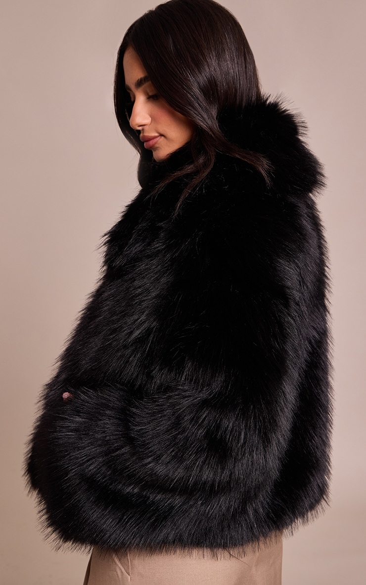 Petite Black Oversized Collar Faux Fur Coat image 2