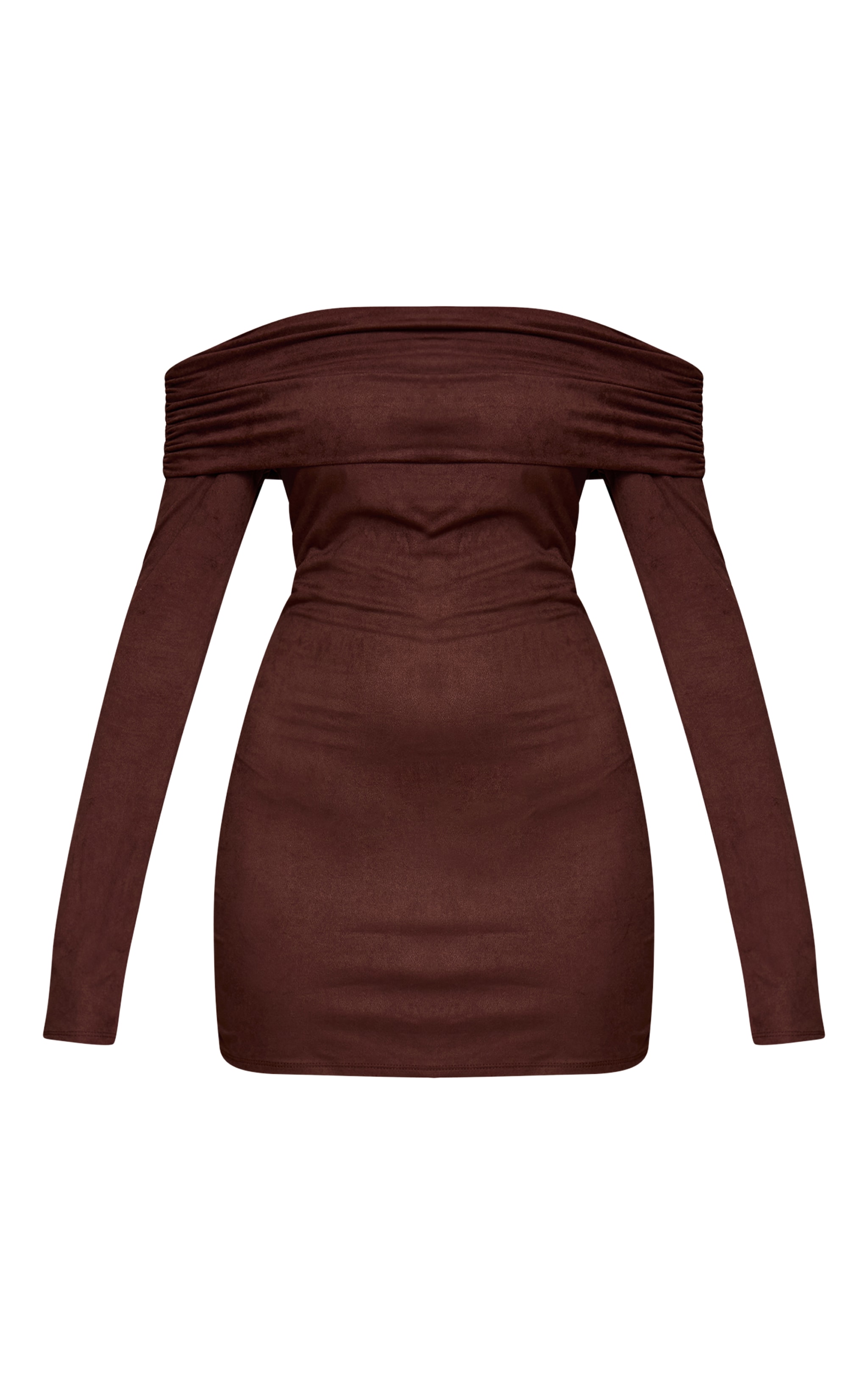 Chocolate Faux Suede Bardot Long Sleeve Bodycon Dress image 5