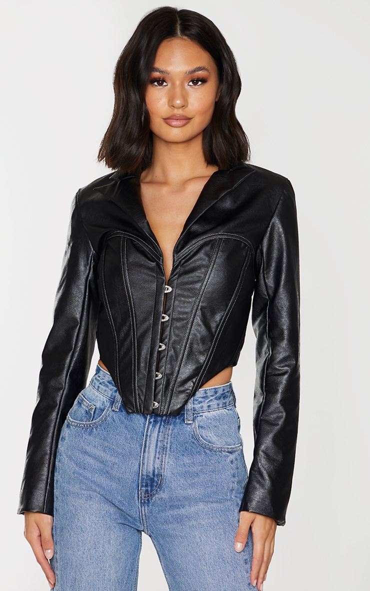 Veste en similicuir noir à partie style corset et ourlet pointu