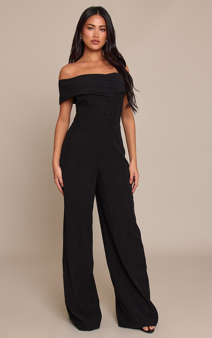 Black Woven Button Detail Straight Leg Jumpsuit image 1