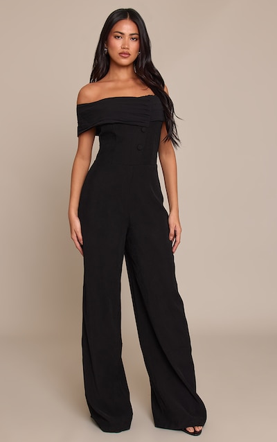 Black Woven Button Detail Straight Leg Jumpsuit
