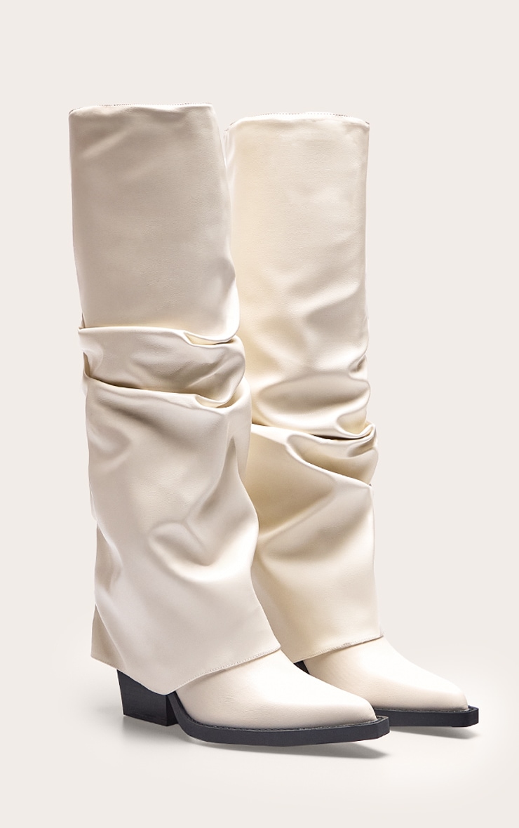 Cream Pu Point Toe Fold Over Block Heel Knee High Boots image 3