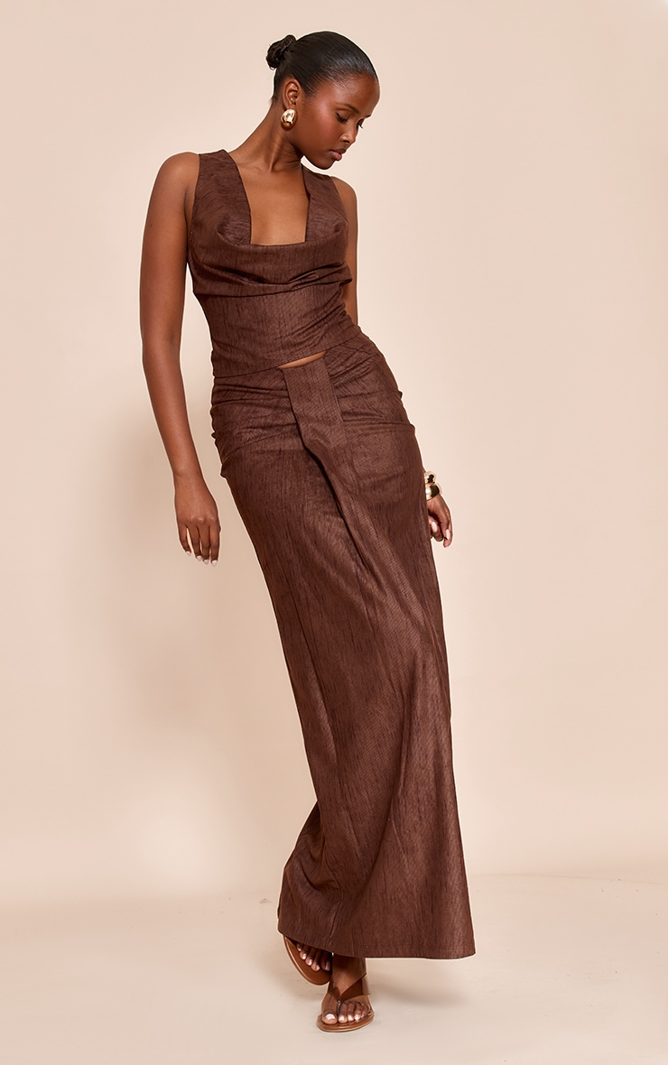 Dark Brown Lightweight Corduroy Knot Detail Maxi Skirt image 1