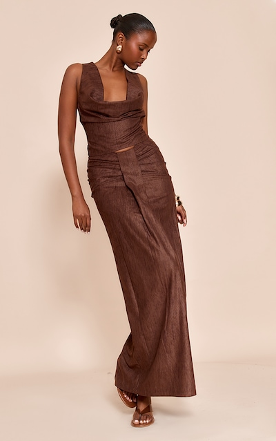 Dark Brown Lightweight Corduroy Knot Detail Maxi Skirt