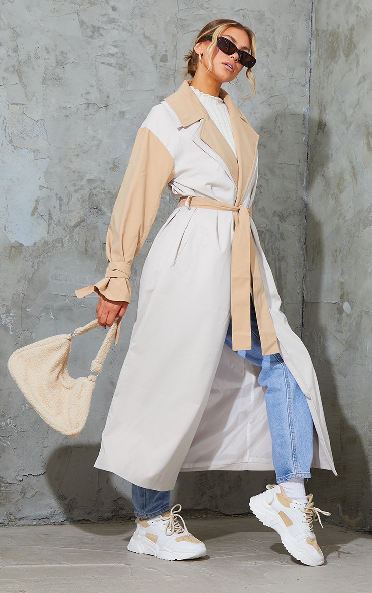 Stone Double Layer Lapel Midi Belted Trench