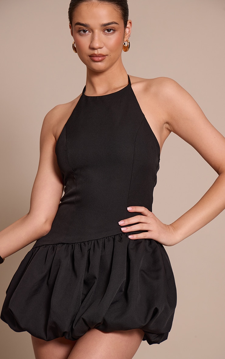 Black Woven Halterneck Puff Ball Mini Dress image 1