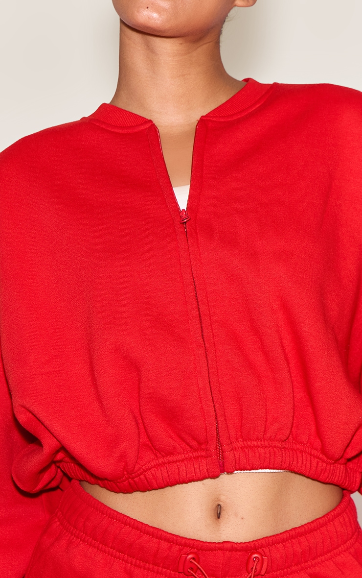 Bright Red Drawcord Waist Cropped Zip Up Sweatshirt image 4