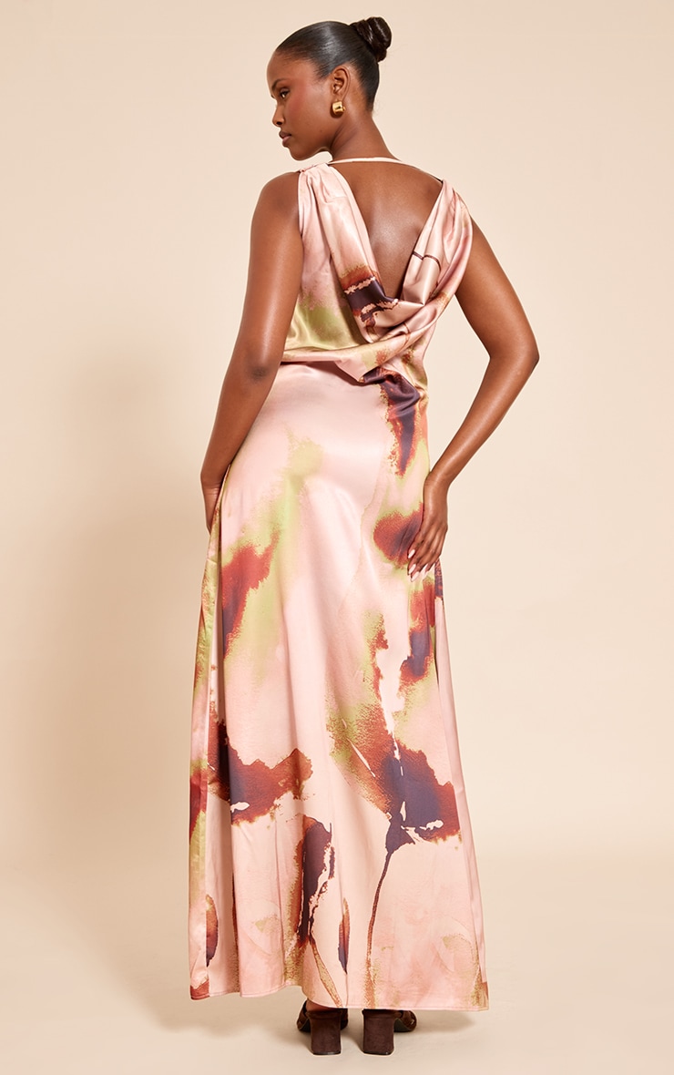 Blush Abstract Floral Print Satin Extreme Cowl Maxi Dress image 2