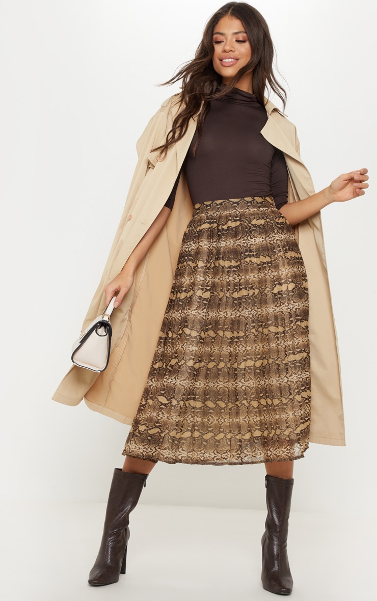 Brown Woven Snake Print Pleated Midi Skirt image 1