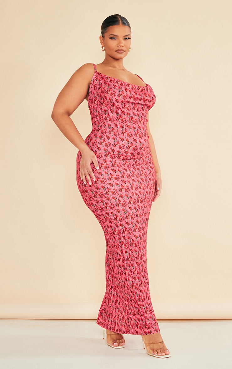 Plus Rose Floral Printed Plisse Cowl Neck Maxi Dress image 3