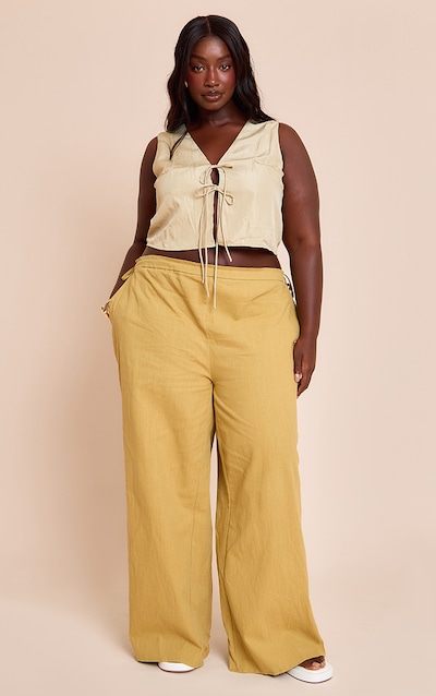 Plus Pantalon large en lin deluxe vert olive noué sur les côtés
