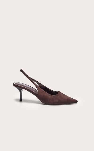 Escarpins pointus en suédine chocolat à talon moyen et bride derrière
