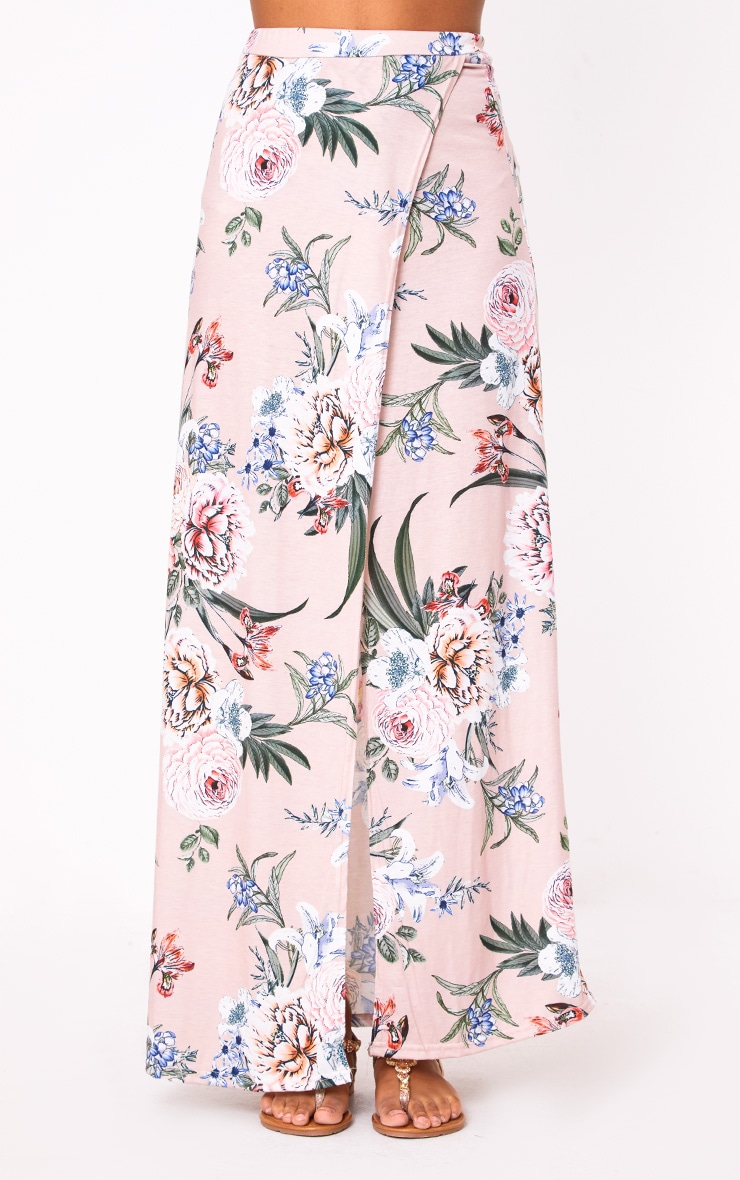 Nude Floral Wrap Maxi Skirt Skirts PrettyLittleThing