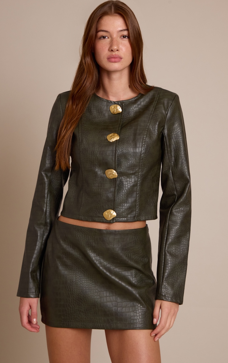 Khaki Croc Faux Leather Mid Rise Mini Skirt image 4
