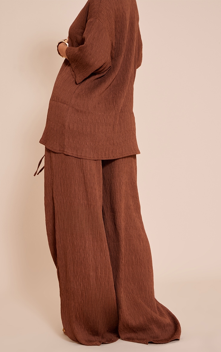 Dark Brown Textured Woven Drawstring Wide Leg Pants image 3
