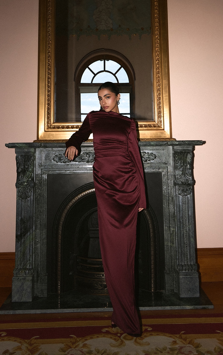 Wine Satin High Neck Flared Sleeve Maxi Dress
