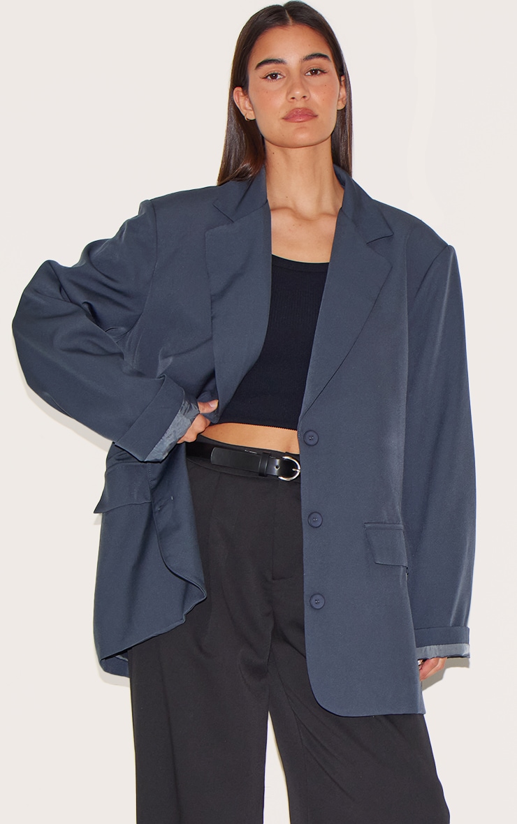 Grey Oversized Longline Curved Hem Blazer image 4