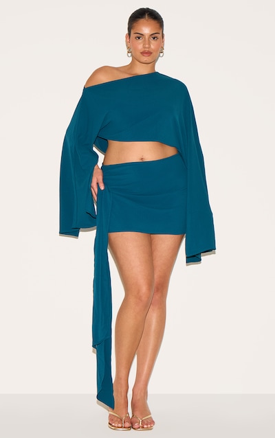 Plus Bleu Canard Flottant Tissé Nœud Côté Mini Jupe