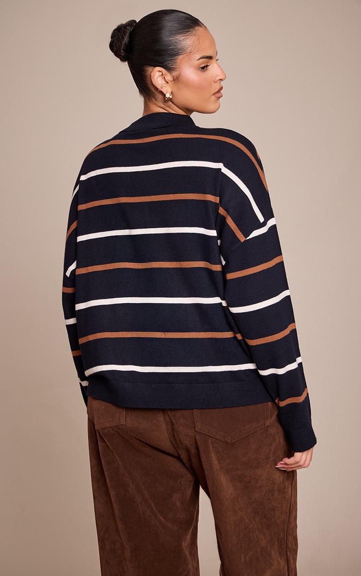 Plus Navy Stripe Polo Knit Long Sleeve Rugby Top image 2