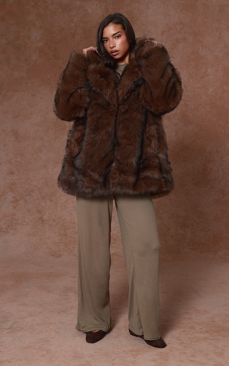 Brown Oversized Midi Faux Fur Coat image 3