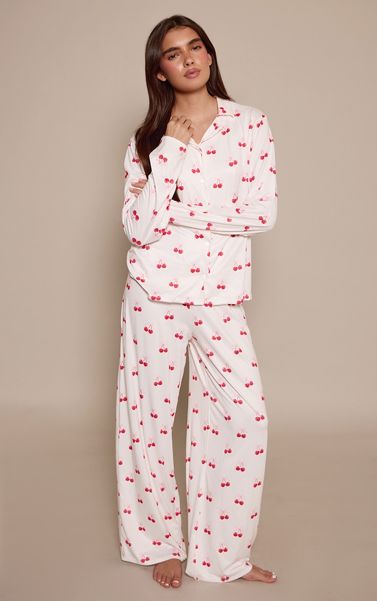 Cream Heart Cherry Print Long Sleeve Button Through Pj Set image 3