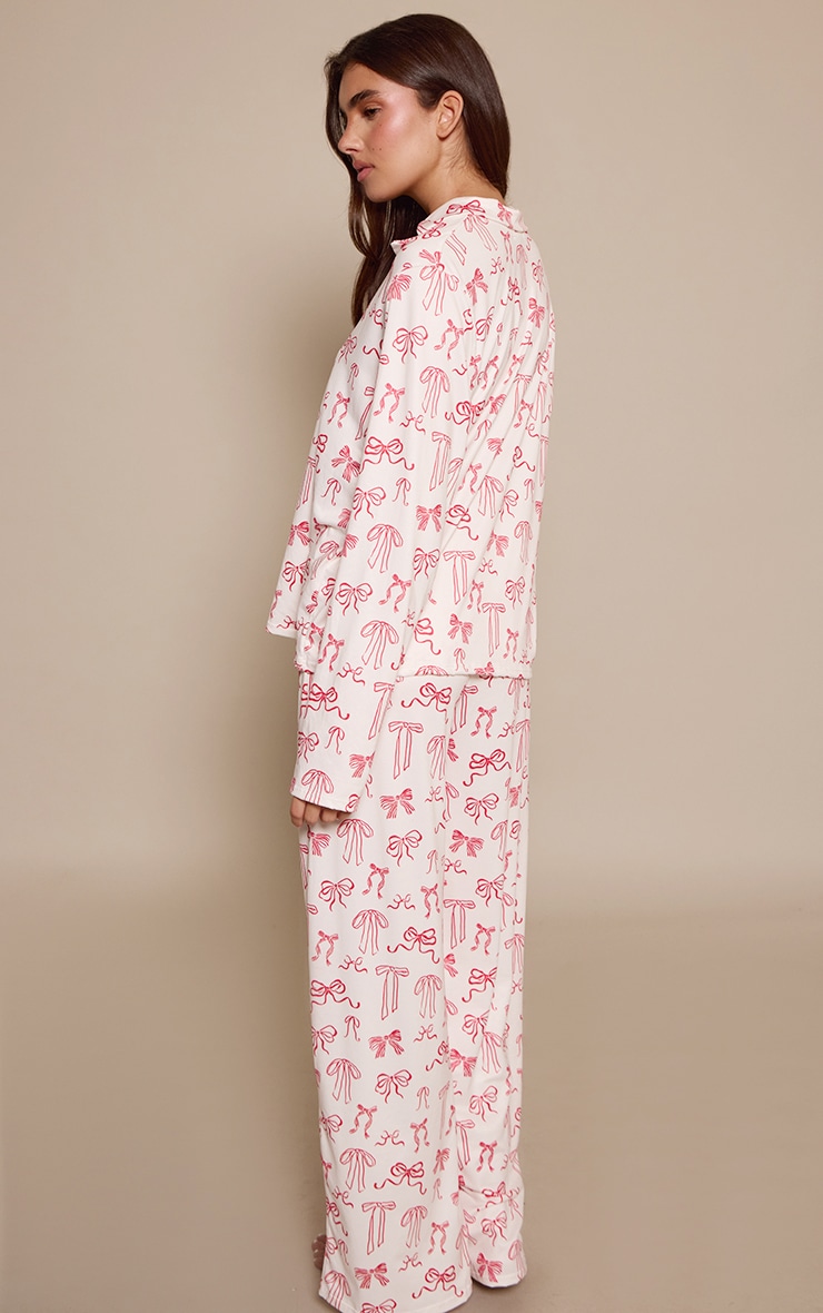 Cream Pink Bow Print Long Sleeve Button Through Pj Set image 2