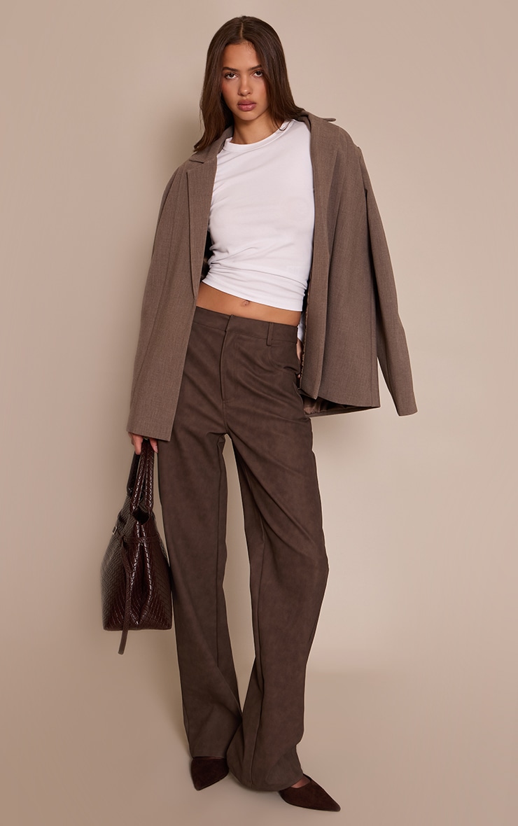 Brown Textured Faux Leather Straight Leg Pants image 1