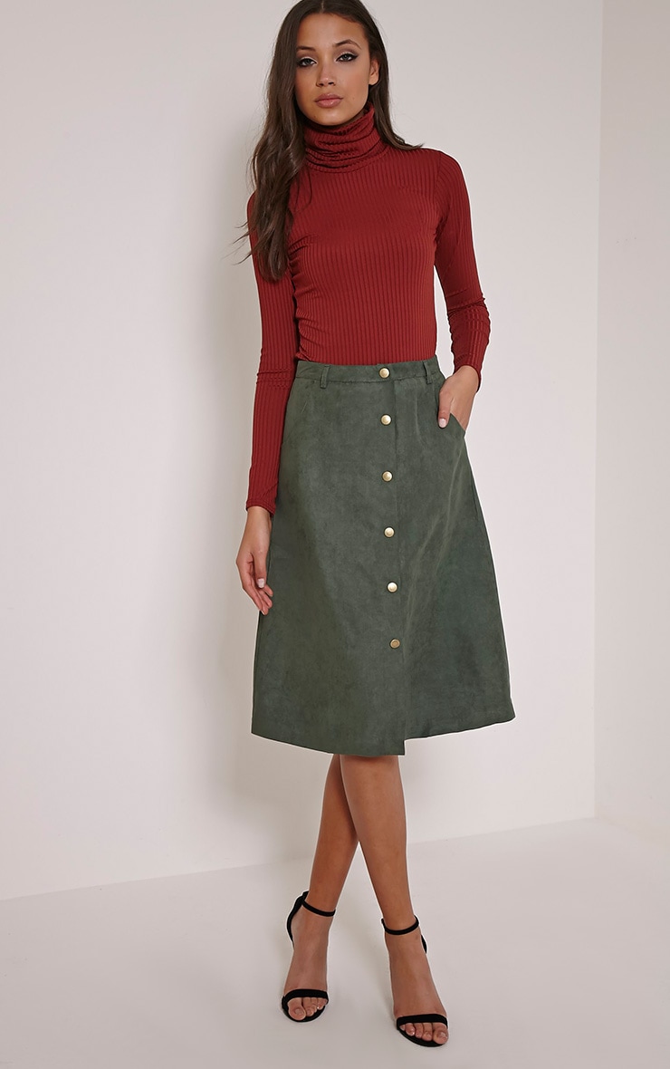Zahara Khaki Faux Suede Button Down Midi Skirt PrettyLittleThing