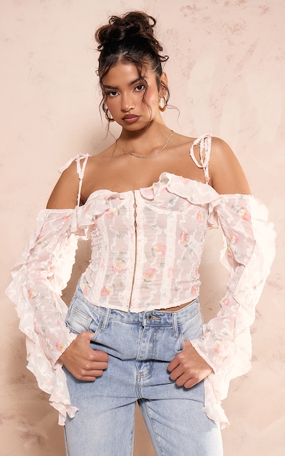 Baby Pink Floral Applique Ruffle Bardot Hook And Eye Top