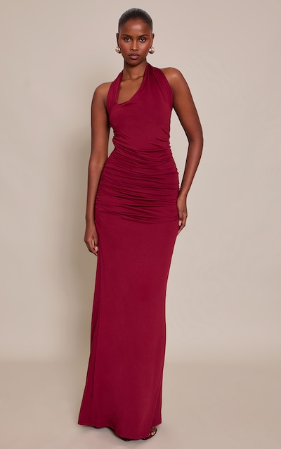 Dark Red Slinky Halterneck Maxi Dress