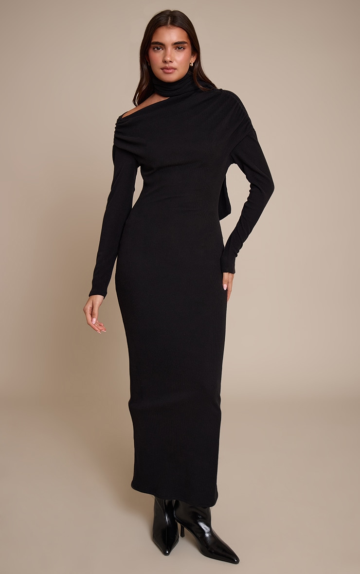 Black Brushed Rib Scarf Detail Long Sleeve Asymmetric Ruched Maxi Dress image 1