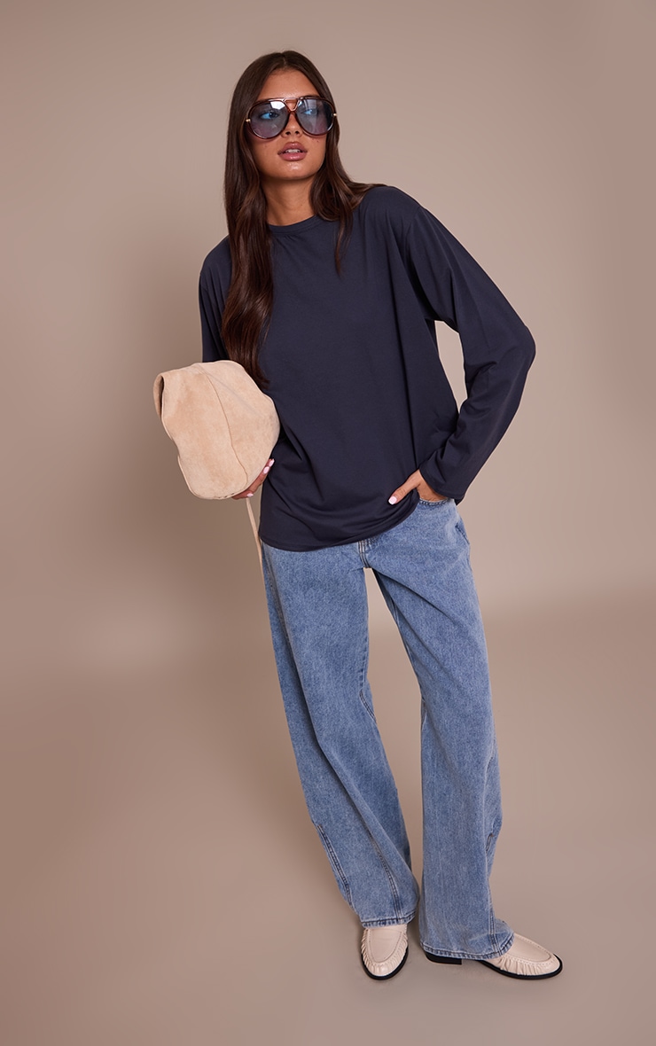 Navy Cotton Basic Oversized Long Sleeve T-shirt image 3