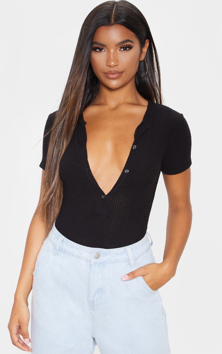 Black Brushed Rib Button Short Sleeve Bodysuit