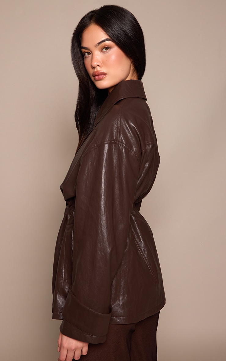 Dark Chocolate Textured High Shine PU Cinch Jacket | Outerwear