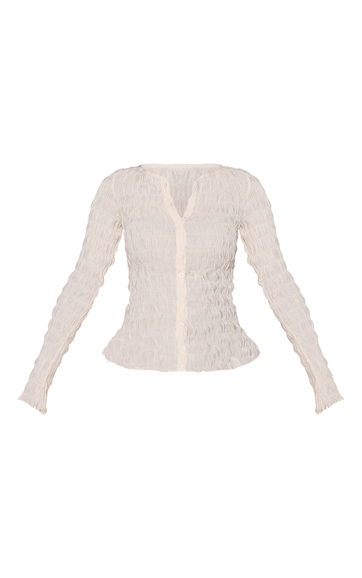 Cream Bubble Shirred Button Up Long Sleeve Top image 5