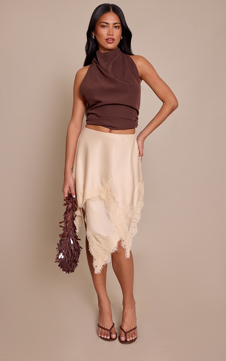 Nude Satin Lace Asymmetric Hanky Hem Skirt image 1