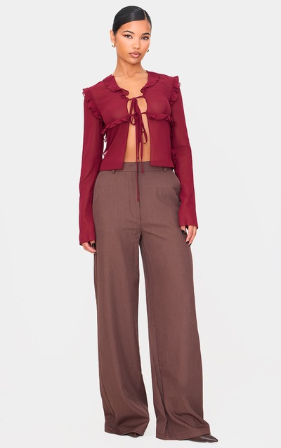 Burgundy Chiffon Ruffle Fitted Tie Front Blouse