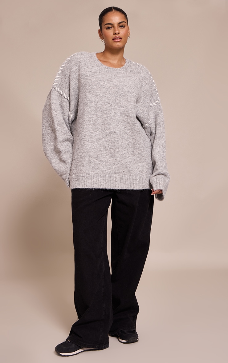 Plus Grey Blanket Stitch Knit Jumper image 3