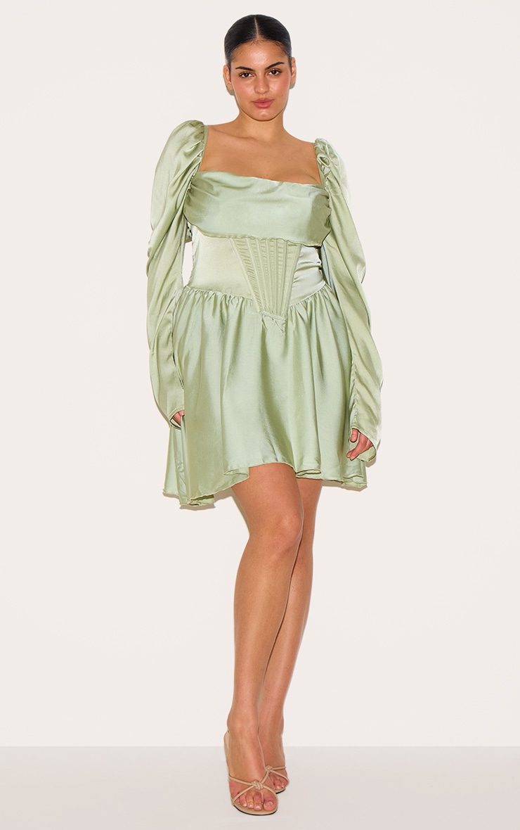 Plus Sage Green Satin Corset Detail Puffball Shift Dress image 1