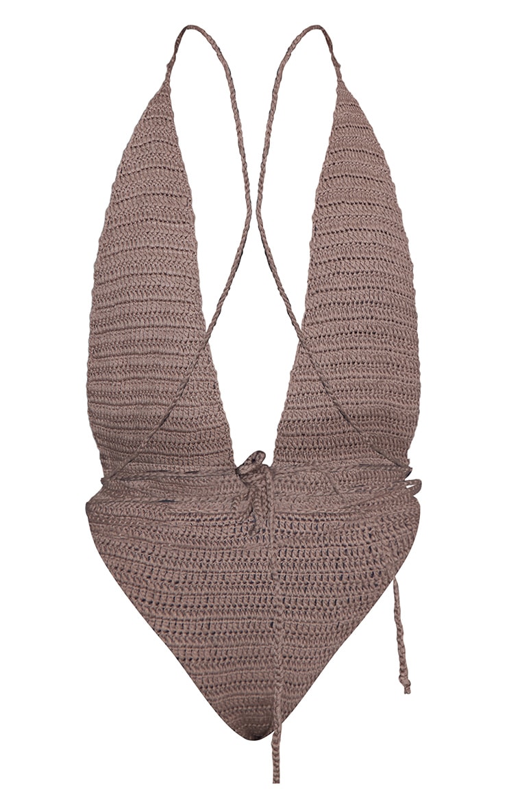 Taupe Crochet Wrap Detail Plunge Swimsuit image 2