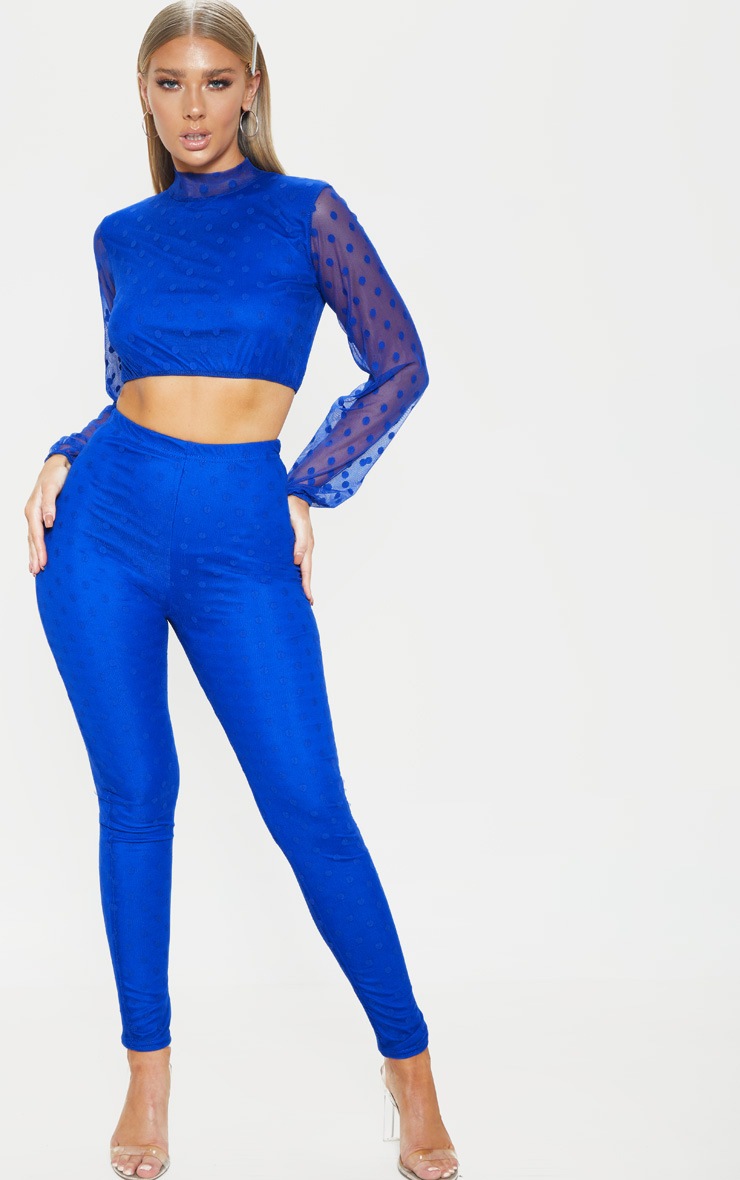Ensemble top & pantalon en mesh à pois bleu cobalt