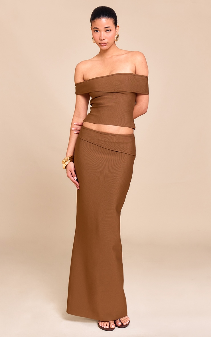 Deep Chocolate Tailored Bandage Knit Fold Over Asymmetric Top image 3