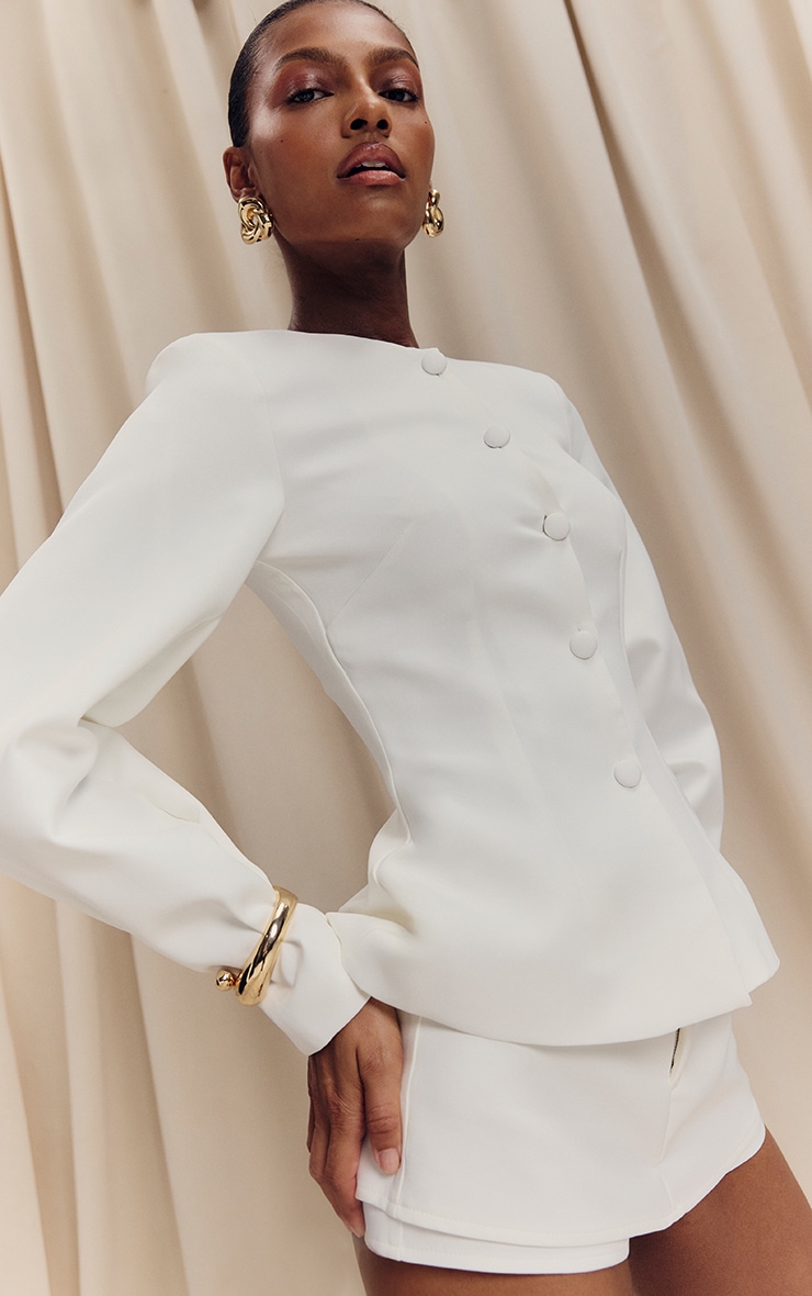 White Woven Cinched Waist Cocoon Sleeve Button Up Blazer image 4