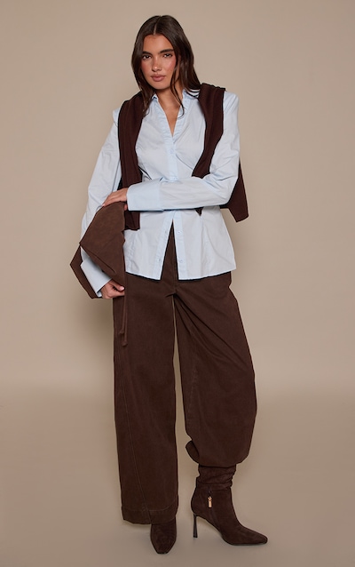 Light Blue Cotton Cinched Cuff Detail Shoulder Pad Shirt