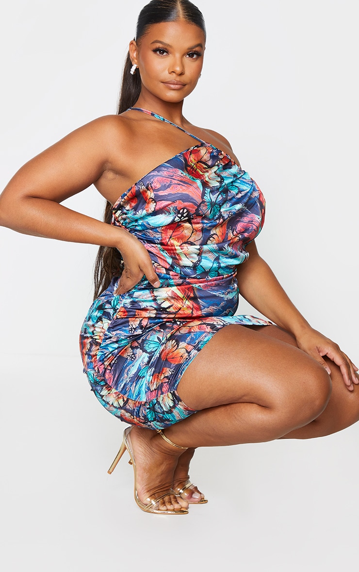 Plus Multi Butterfly Print Satin Asymmetric Bodycon Dress image 3